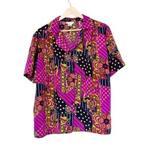 VTG Sara Stephen Purple Patterned Short Sleeved Button-Down Shirt Vintage — M